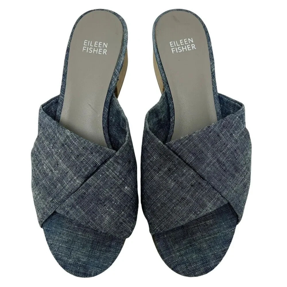 Eileen Fisher Ruche Mule Sandals Chambray Blue Denim Block Heel Comfort Size 8